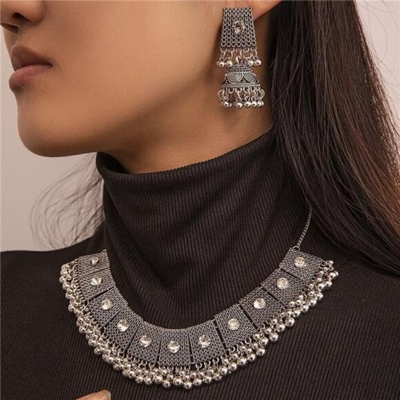 Boho Antique Silver Jewelry Set  Cubic Zirconia Crystal Elegant Embellishment - Picture 2 of 7